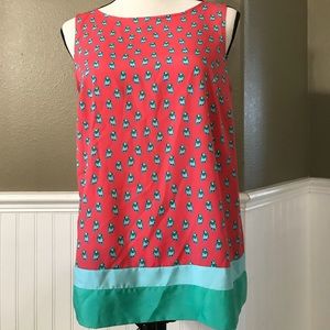 Vibrant Coral and Teal LOFT Top with bird pattern